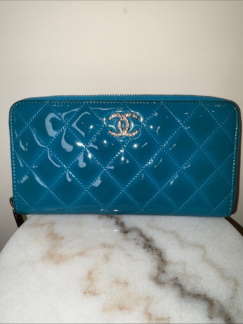CHANEL Peacock Teal Blue Patent Leather Zip Wallet